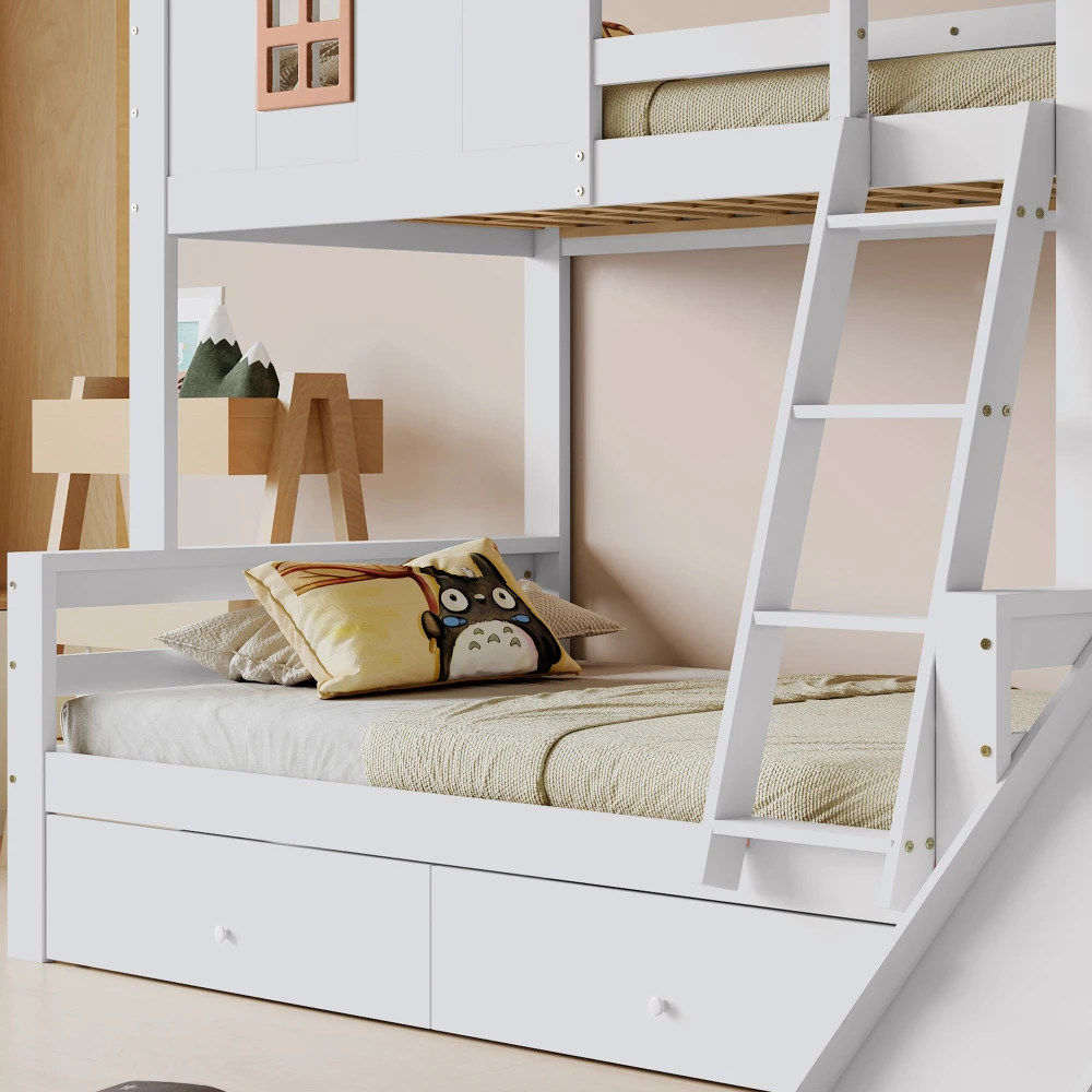 PINGGO Weißes Etagenbett Mutter-Kind-Bett Charakteristische Fenster 4-Stufige Rutsche 2 Schubladen Massivholzrahmen Ohne Matratze – Detail 18
