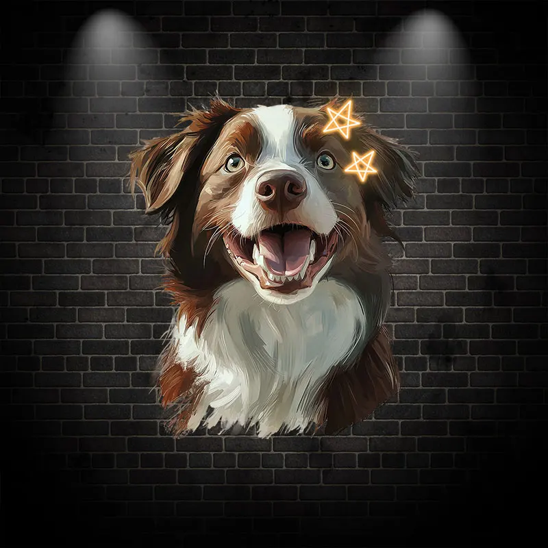 Neon Star Border Collie Wall Art - Energetic border collie with neon stars, ideal for lively decor that captures canine spirit!