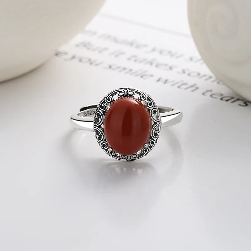 VOJEFEN 925 Silver Original Women\'s Engagement Rings Men Ruby Stone Love Retro Ring With Large Red Agate Luxury Quality Jewelry