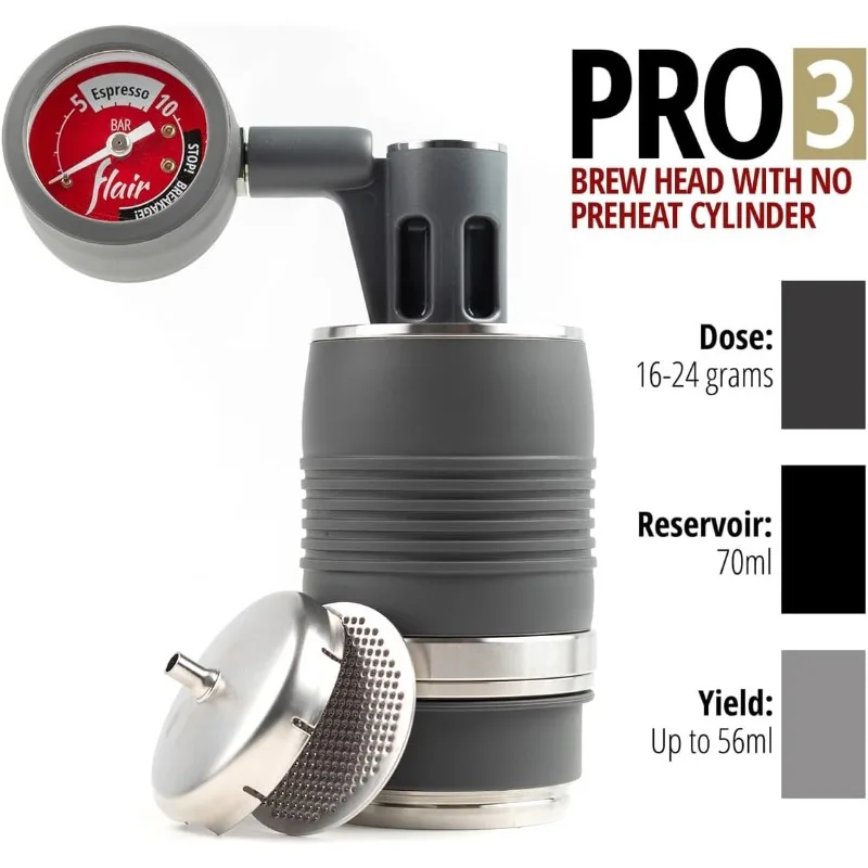 UPDATED PRO 3 (Black) - All manual lever espresso maker with a stainless steel brew head, pressure gauge, and a shot mirror