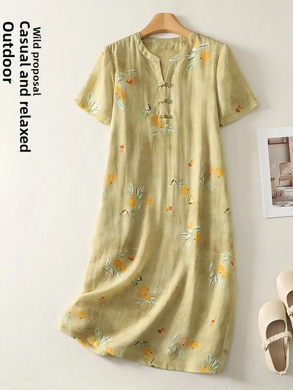 

Elegant Slimming Chinese Dress Women's Summer Artistic Style Overhead Midi Dress High Waist Floral Print V-neck
