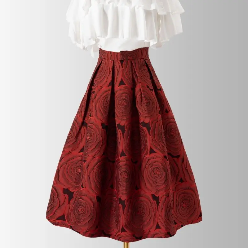 New Hepburn Vintage Elegant Women Red Flower Fashion Retro Floral Aesthetic Jacquard High Waist Long A-Line Pleated Skirt M152