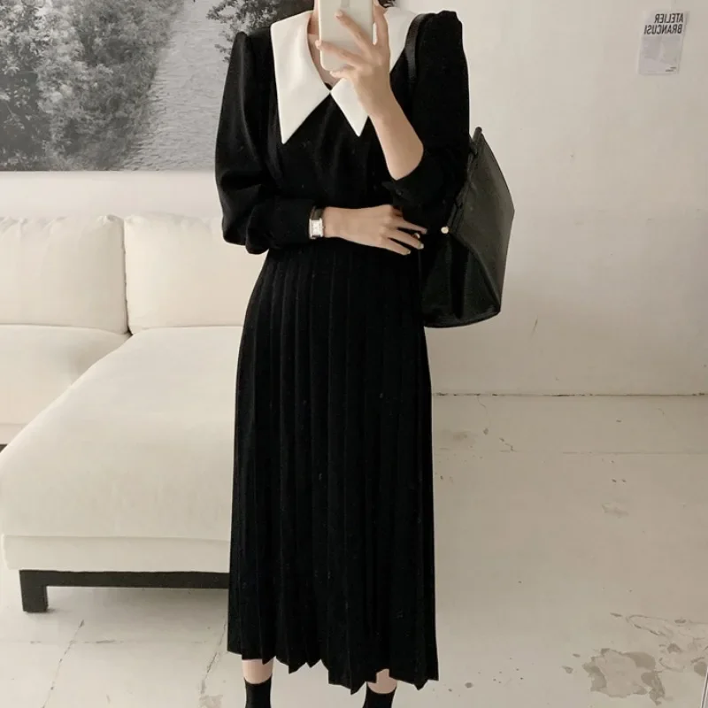 Korobov Korean Chic Vintage Elegant Office Lady Women Dress 2024 Autumn Winter Hit Color Patchwork Dresses Black Vestidos Femme