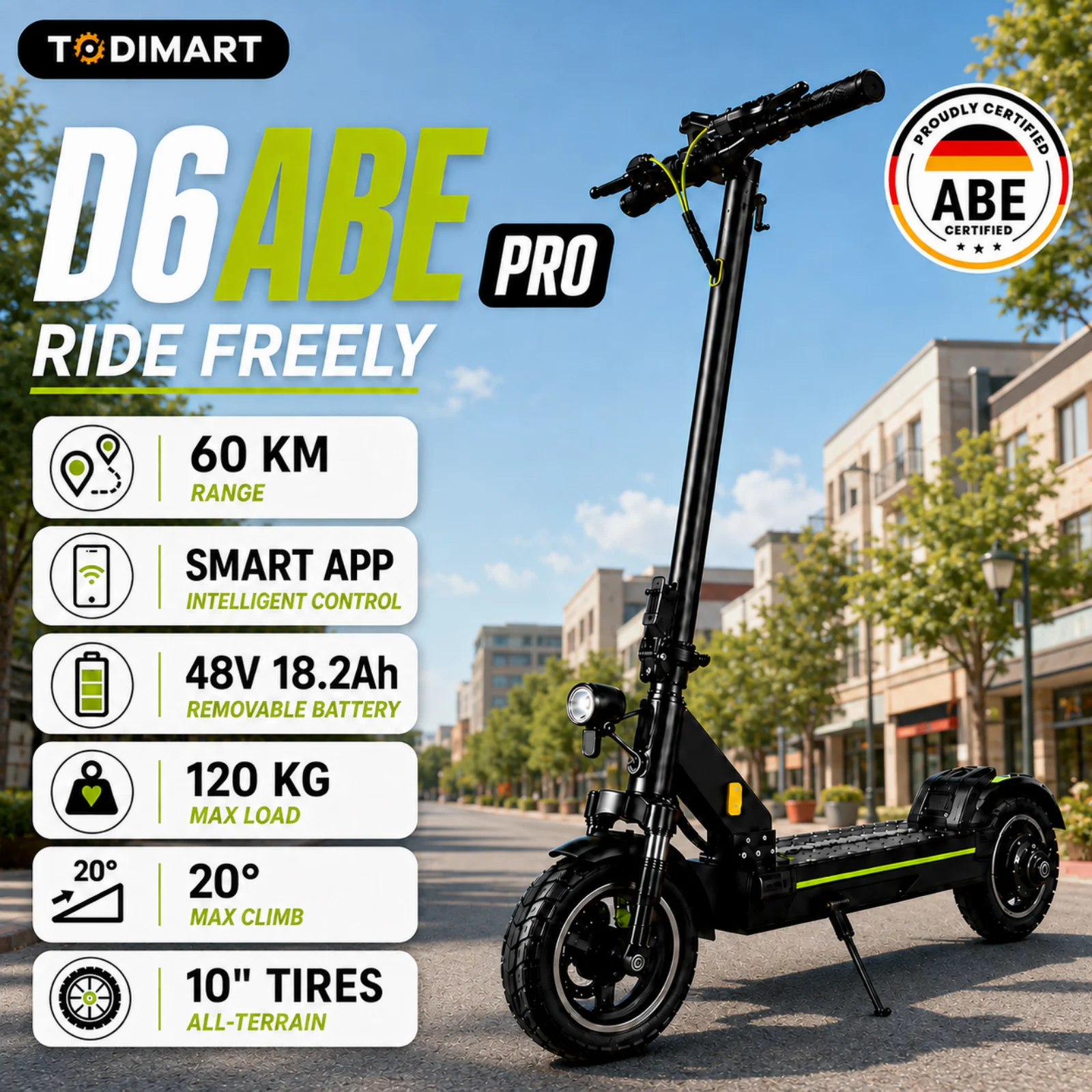 TODIMART D6ABE Pro Elektroroller für Erwachsene Faltbar mit ABE Straßenzulassung 48V 18,2Ah Herausnehmbarer Akku 60KM Reichweite 10 Zoll Luftreifen Frontfederung Smart APP Doppelbremse E-Scooter