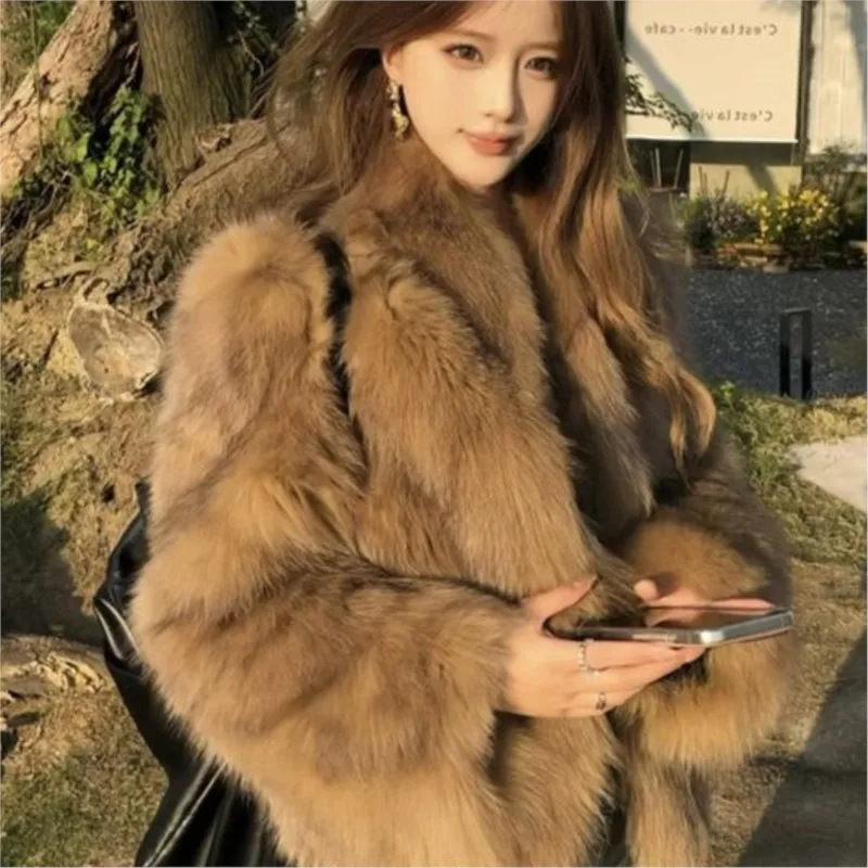 

A new short stand-up collar fur coat for women brown mixed