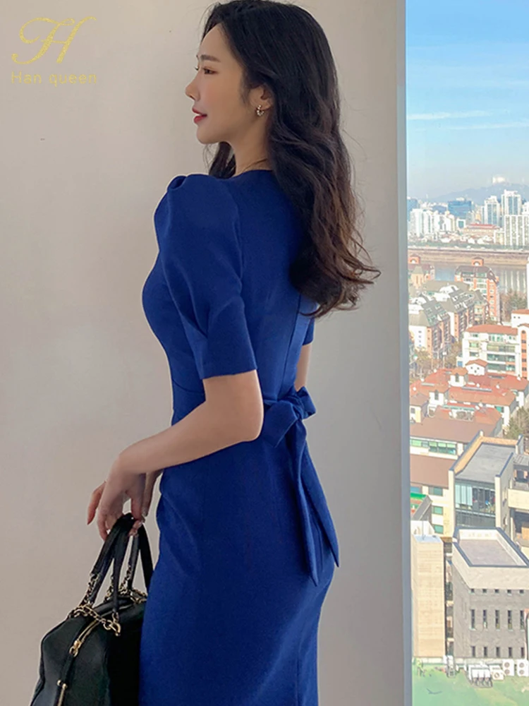 Hot sale Summer Sheath Pencil Dress Simple Formal Office Lady Work Elegant Blue Solid Puff Sleeve Lace up Slim Party Dresses
