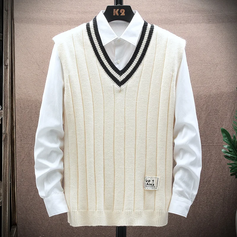 

V - Neck Knit Vest Striped Collar Ribbed Texture | Patch Detail Multi-Color Great for Daily Wear Layered Style Campus Trips