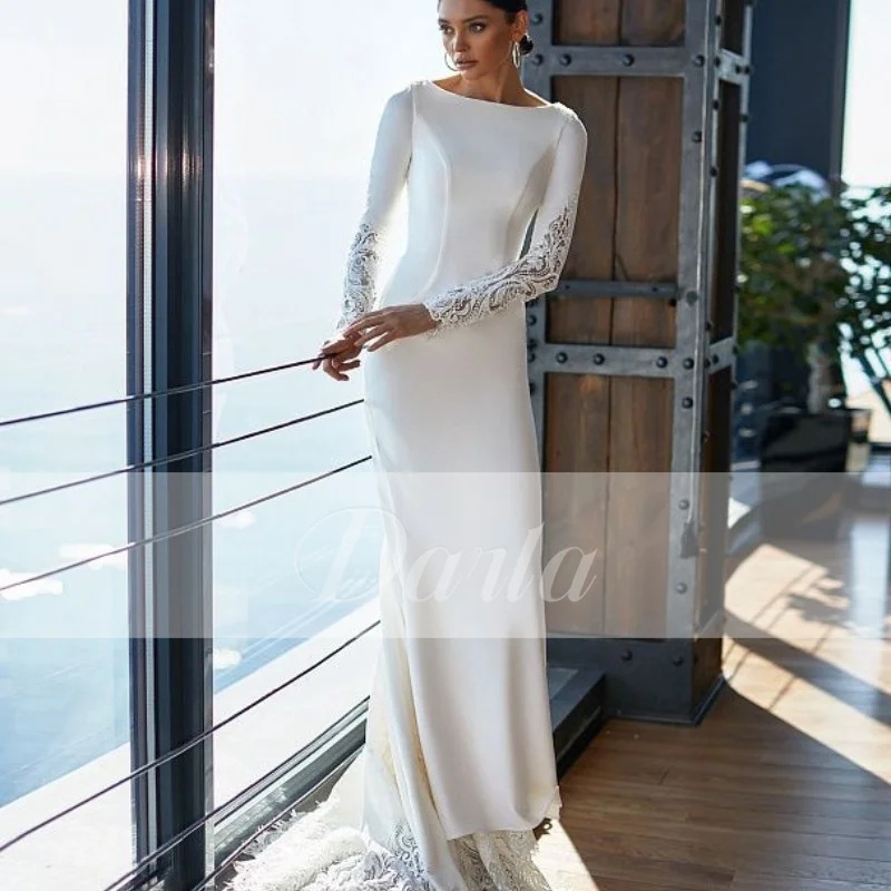 Morden Abito da sposa a sirena in raso O Collo Abiti da sposa lunghi con maniche lunghe Ricamo vintage Vestido de Novia Personalizzato 2025