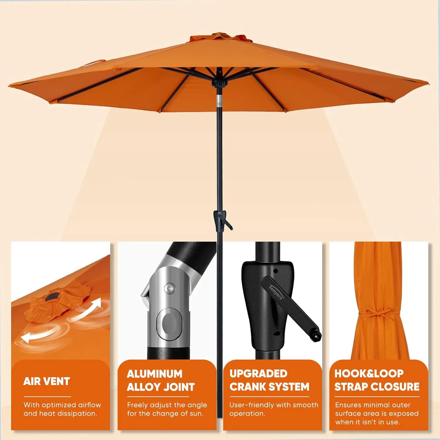 Parapluie de table d'extérieur de 9 pieds avec bouton poussoir inclinable et manivelle, grand pare-soleil avec poteau robuste et Tek résistant à la décoloration, facile à utiliser