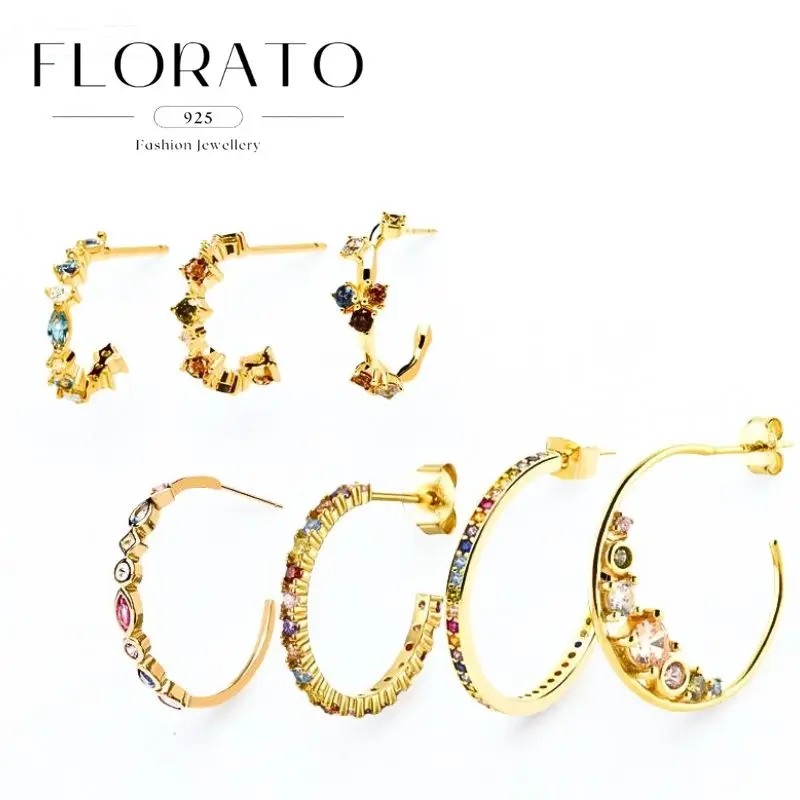 Women‘s 925 Silver Needle Colored Zircon C-shaped Perforated Stud Earrings Vintage Light Luxury Earrings Fashion Party Jewelry