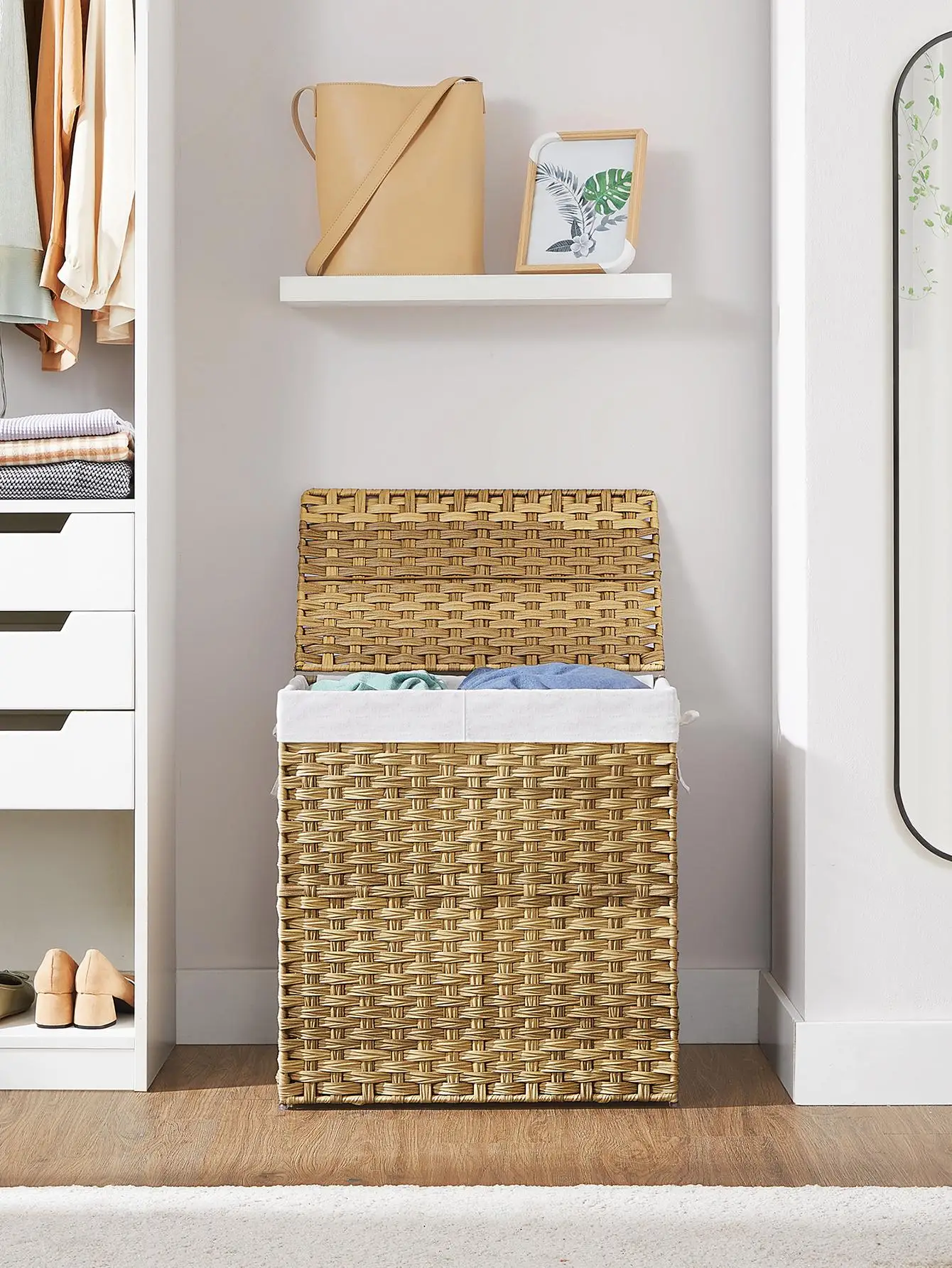 Laundry Hamper With Lid, 110L Clothes Hamper With 2 Removable Liner Bags & 6 Mesh Bags, Wicker Laundry Basket, Double Laundry Hamper For Laundry Room, 13 X 22.4 X 23.6 Inches