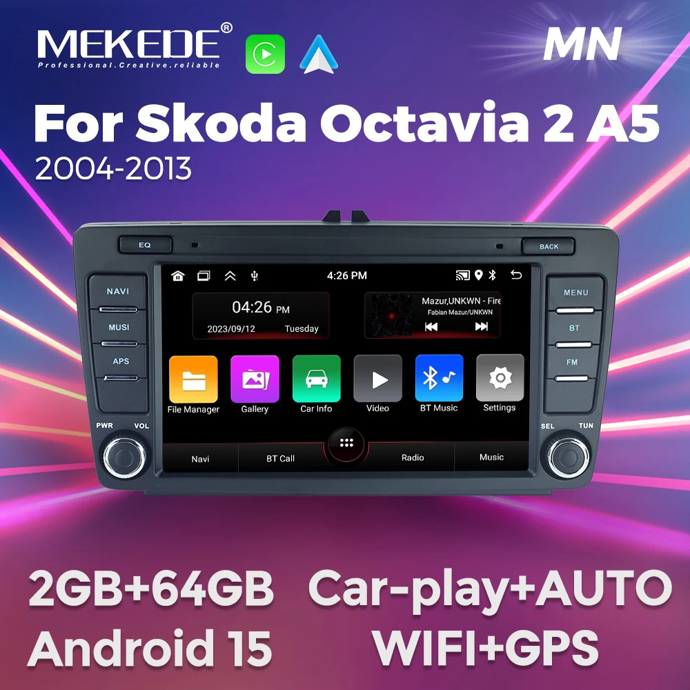 MEKEDE Radio samochodowe 8 cali 64GB do Skoda Octavia 2 A5 2004-2013, Autoradio z bezprzewodowym CarPlay, GPS, Centralny system multimedialny, Inteligentne systemy samochodowe