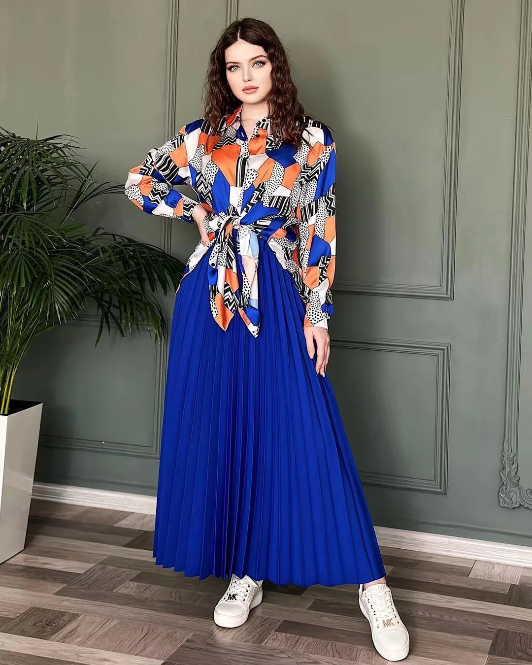 Printed irt Pleated Skirt Set Women's Faion Ensemble Autumn 2023 Gauze Fabric f-length Skirt Matching Top Set