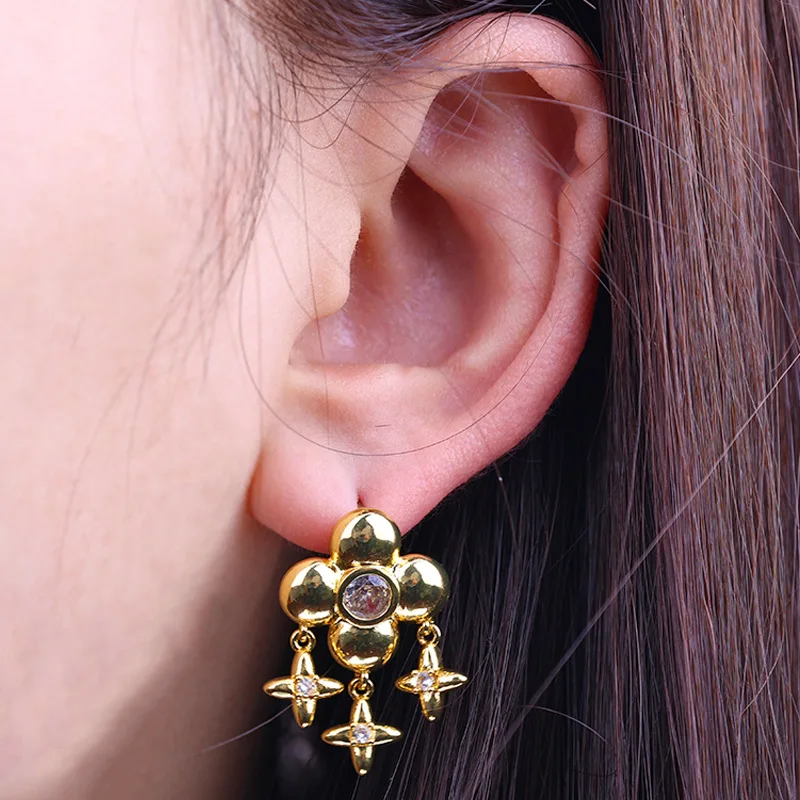 

Goldenway 14K Gold Filled Star Clover Ear Drop Dangle For Women Waterproof Zircon Tassel Earring Daily Shining Jewelry Wholesale