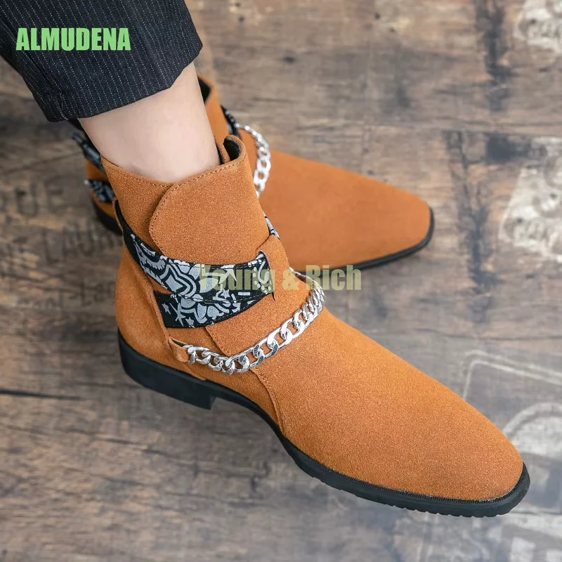 Men's Chelsea Boots British Style Fashion Show Autumn Fashion Buckle Frosted Leather Pointed Warm Denim Boots Botas Mujer