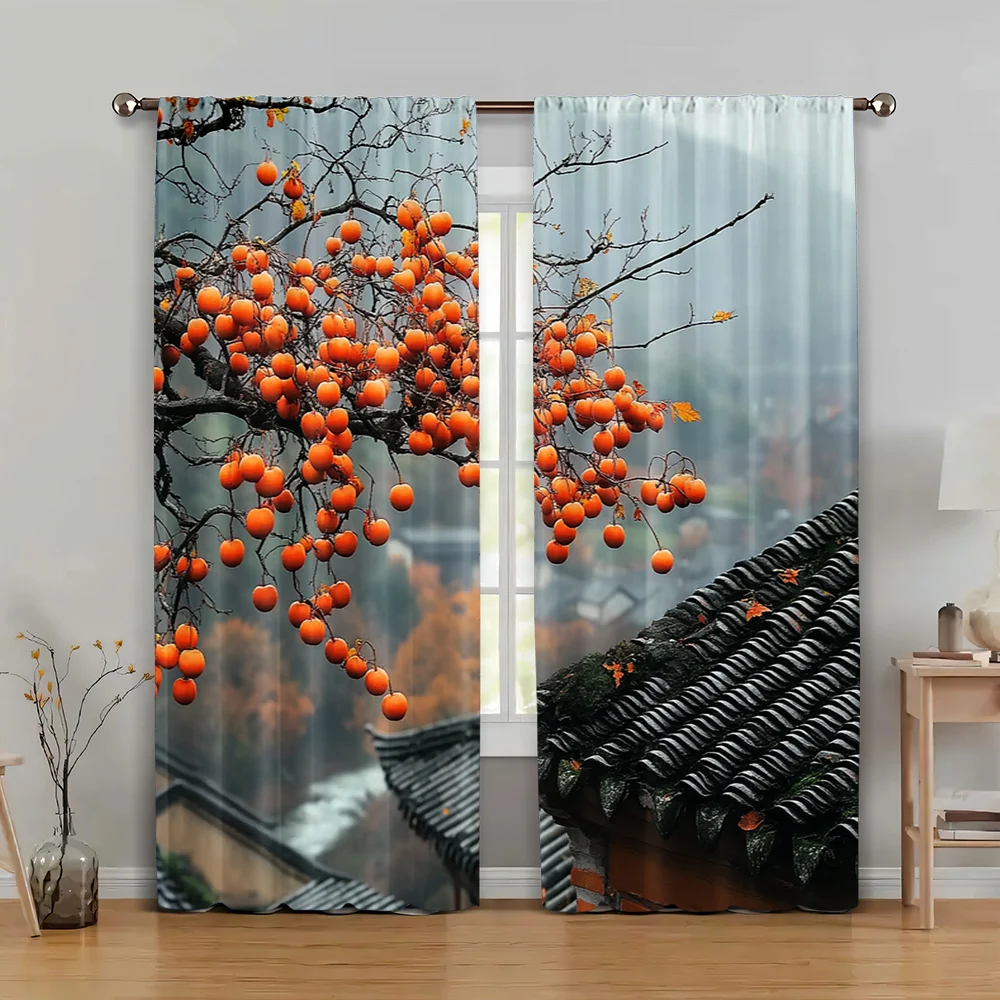 2pc,  Curtain persimmon tree scenery Fabric,Without Electricity Versatile for Holiday Family Party Decorations