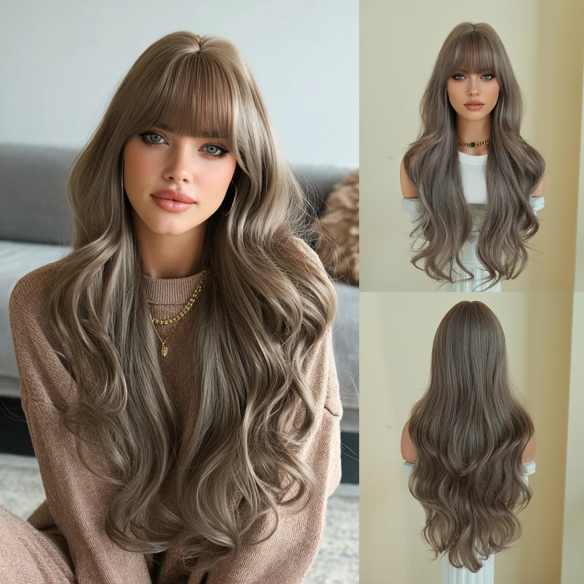 Honey Brown Wavy Wig for Women, High Density Synthetic Hair with Air Bangs,Soft Body Wave Hairstyle for Daily Wear