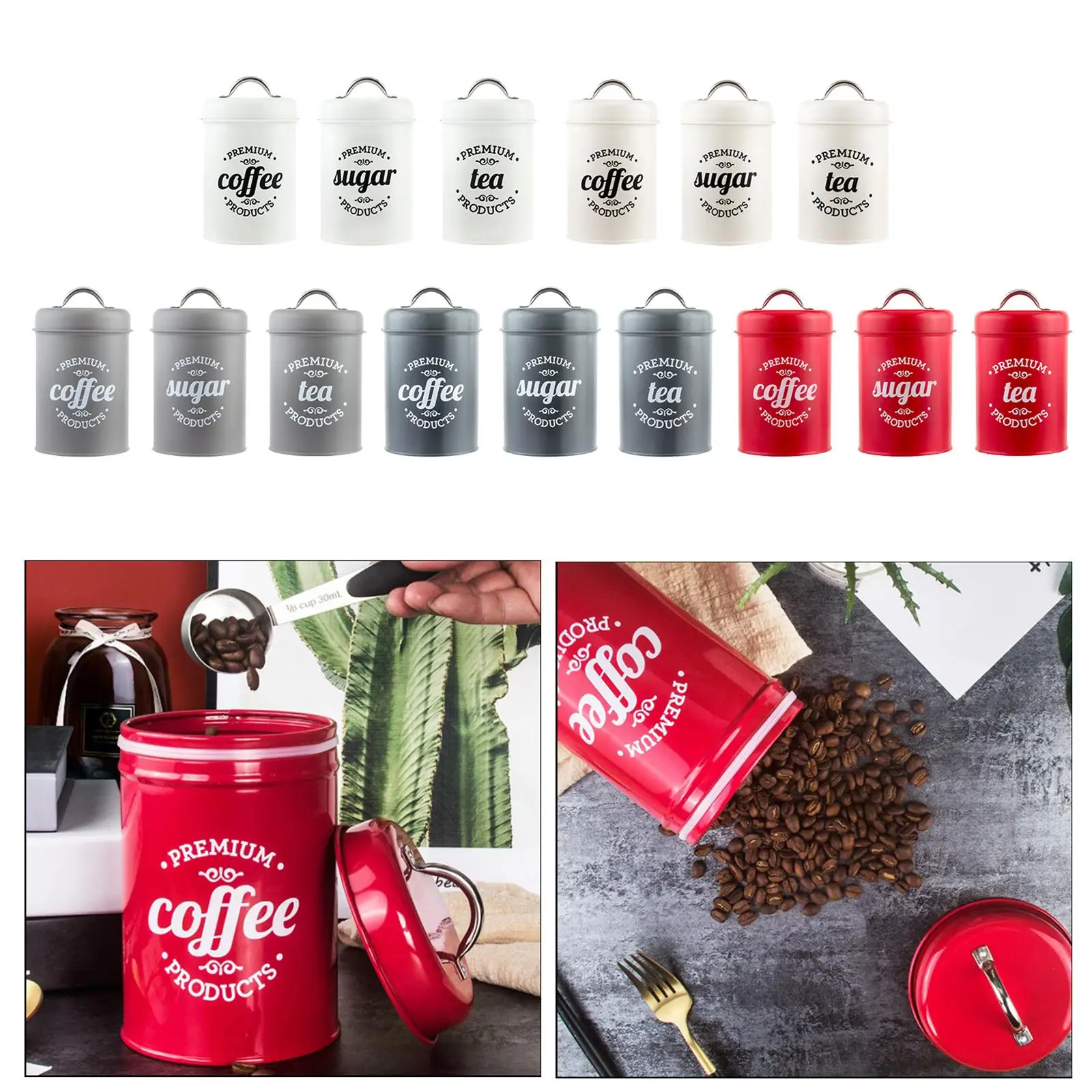 Metal Kitchen Canister Set Coffee Tea Sugar Jars Food Storage Tins 10.5x18cm