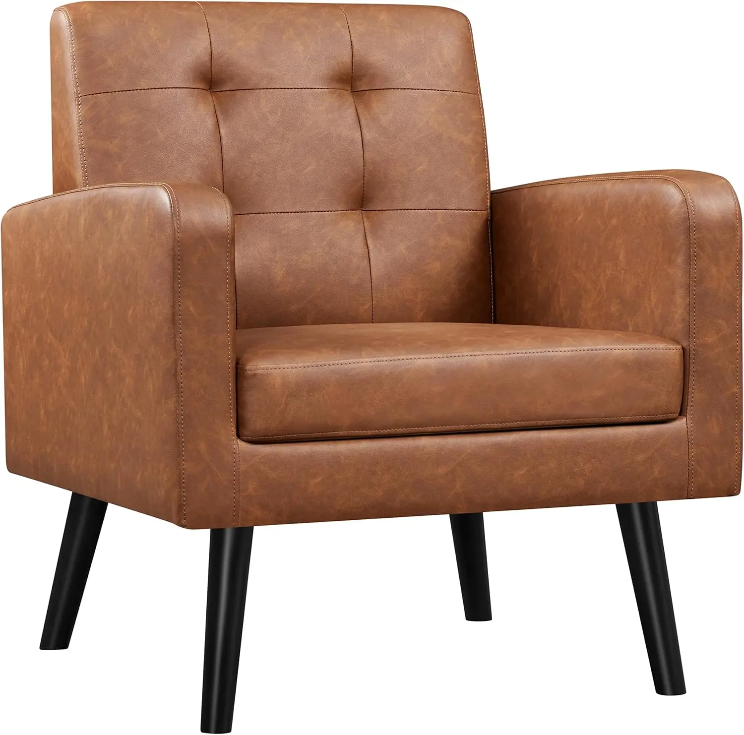 Mid-Century Accent Chairs, PU Leather Modern Upholstered Living Room Chair, Cozy Armchair Button Tufted Back and Wood Legs for B