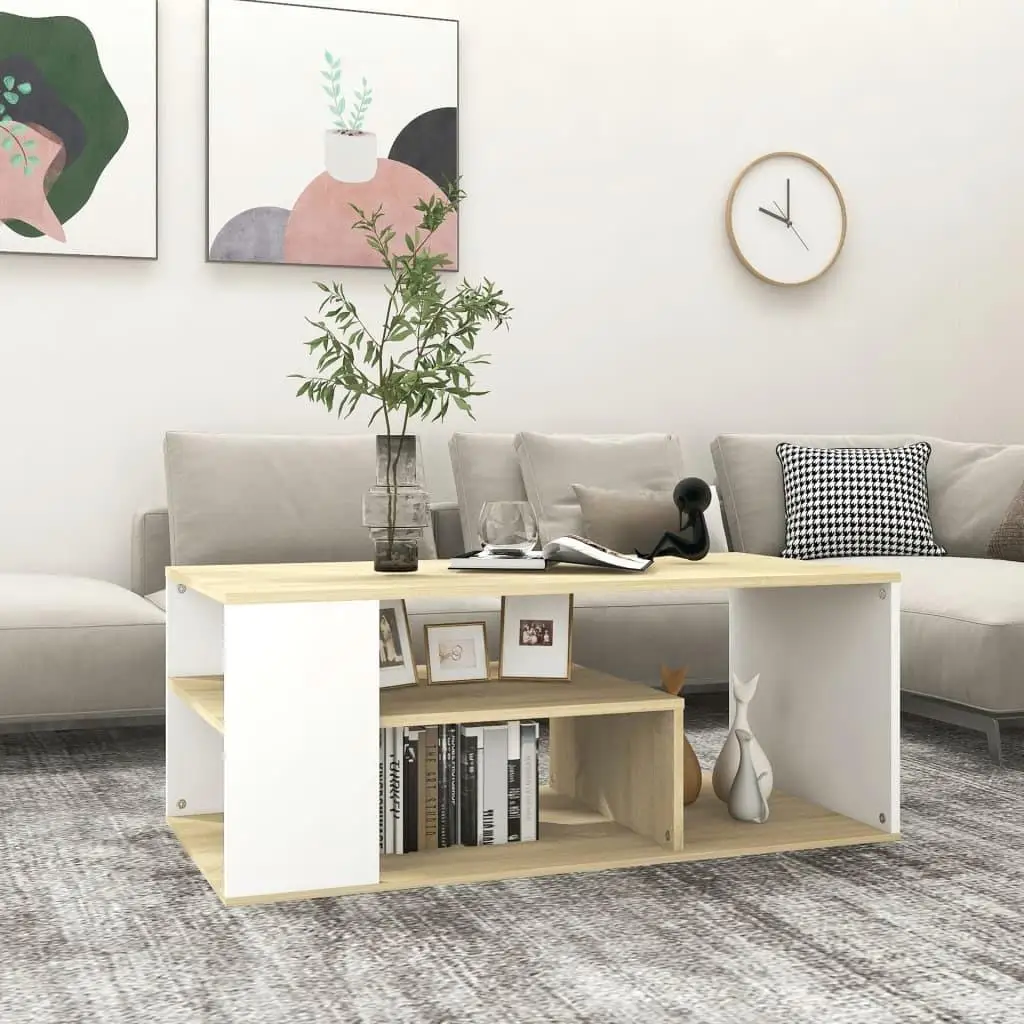 Modern White & Sonoma Oak Coffee Table - 39.4x19.7x15.7 Inch Engineered Wood Furniture