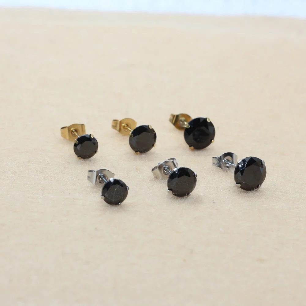 6 7 8mm Runde Schwarze AAA Zirkonia Edelstahl Ohrstecker Goldene IP-Beschichtung Nicht Verblassend – Detail 1
