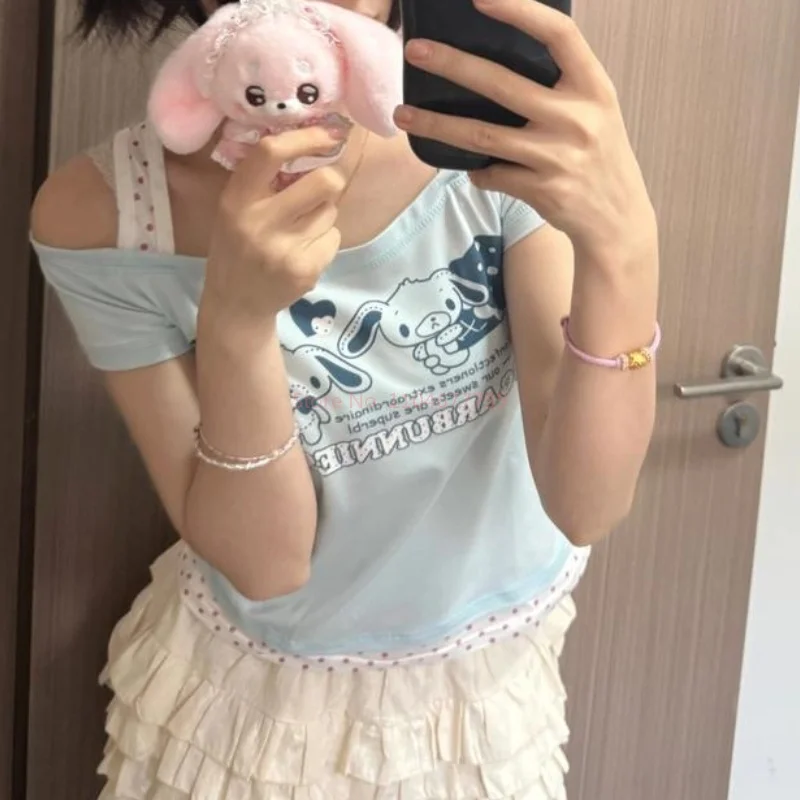 かわいいシュガーバニー Y2k 服夏かわいい偽 2 Tシャツ日本のサブカルチャープリント Tシャツ甘いかわいい原宿クロップトップス