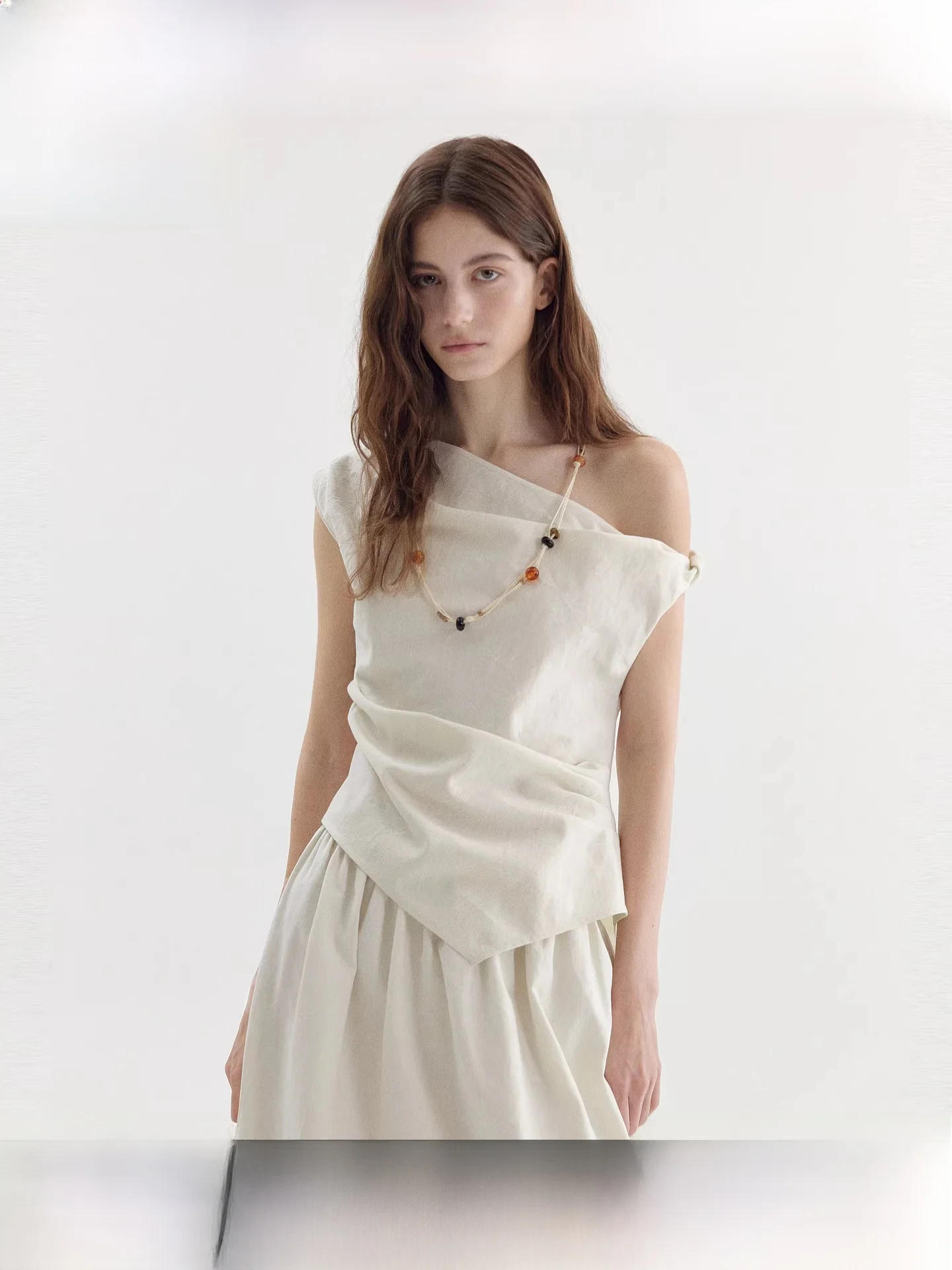 

Fano Summer New White Knot Shoulder T-Shirt Women's Sleeveless Loose Fit Cotton Breathable Young Women's Commute Style
