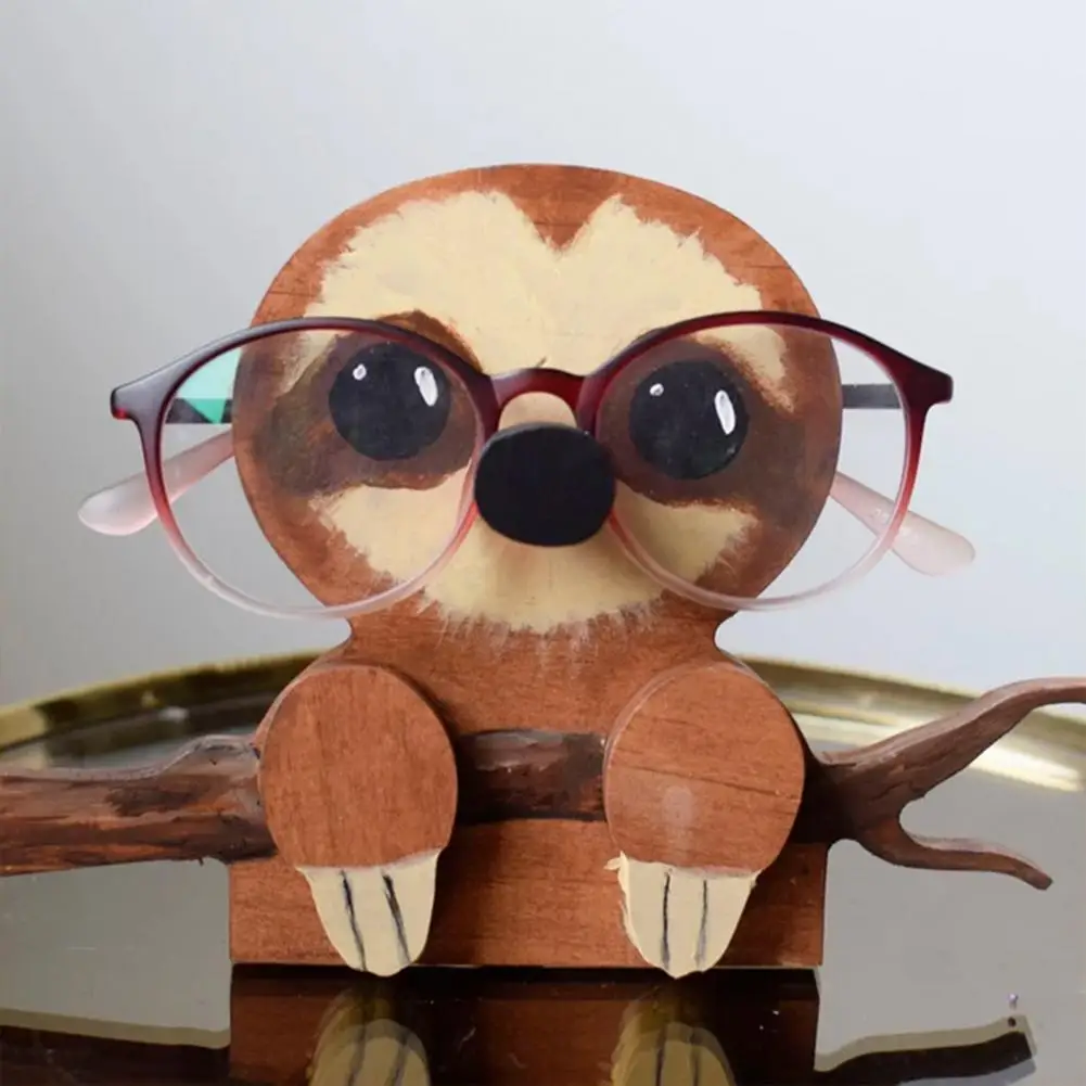 Desktop Glasses Rack Multi-functional Phone Stand Handmade Wooden Glasses Holder Carved Fox Cat Sloth Penguin Phone Eyeglass