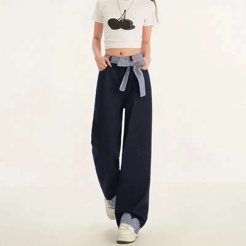 Y2K Women's Bow-Tie Belt Plaid Patchwork Jeans Loose Fit Wide Leg Winter Slimming Straight Casual Fashion Pants