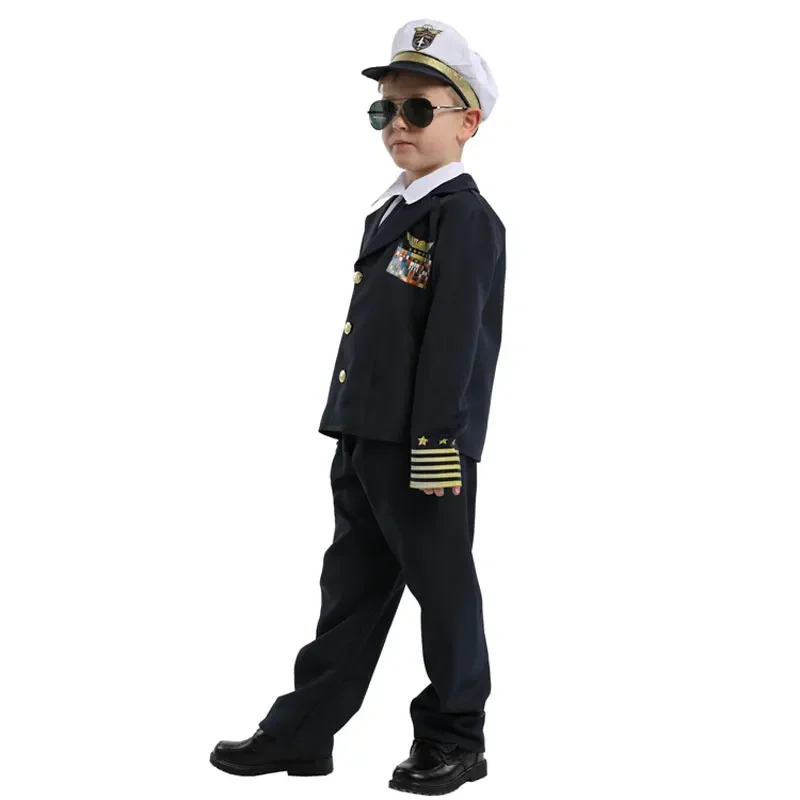 Kids Child Navy Admiral Captain Pilot Costume Uniform for Boys Halloween Purim Carnival Party Mardi Gras Fancy Dress Umorden