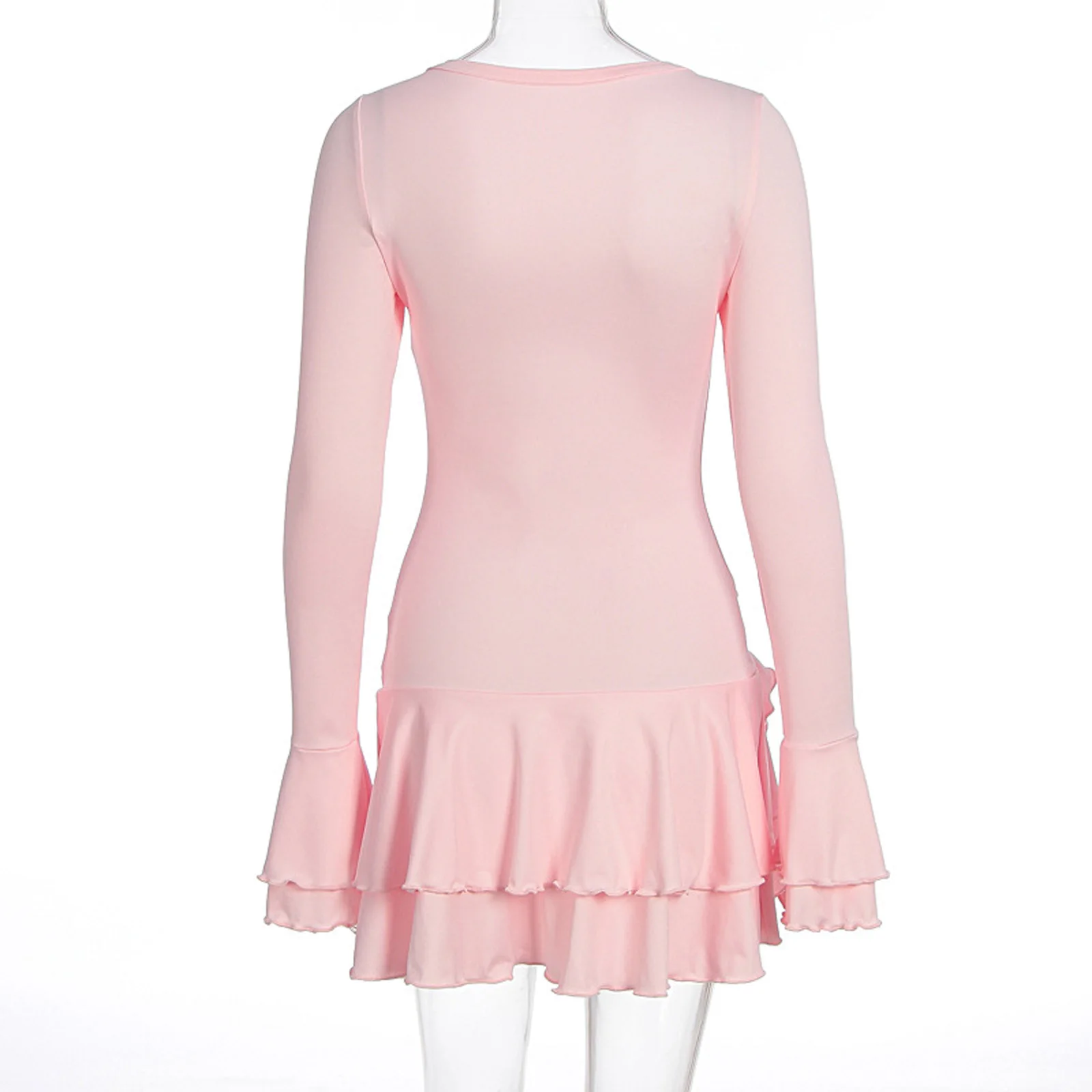 Minivestido feminino com babados na frente, manga comprida com botões e punhos alargados, bainha com babados em camadas para uso casual diário