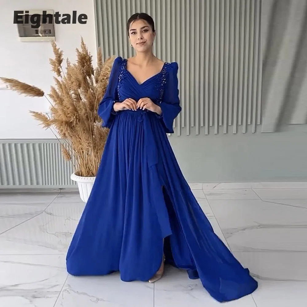 

Eightale New Evening Dresses Chiffon Long Sleeves Appliques Beaded Blue Prom Party Gown Graduation vestidos festas e eventos