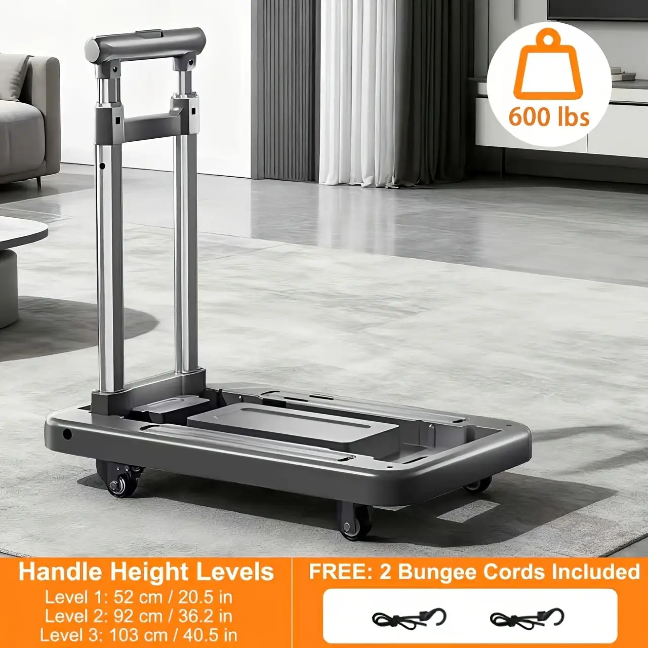 600 LBS Folding Hand Truck Cart, Partition Board Design, 4 Quiet Wheels, Adjustable Ergonomic Handle, 2 Elastic Straps-Portable Utility Luggage Dolly For Home, Office, Travel & Car Trunk (Black&Grey)