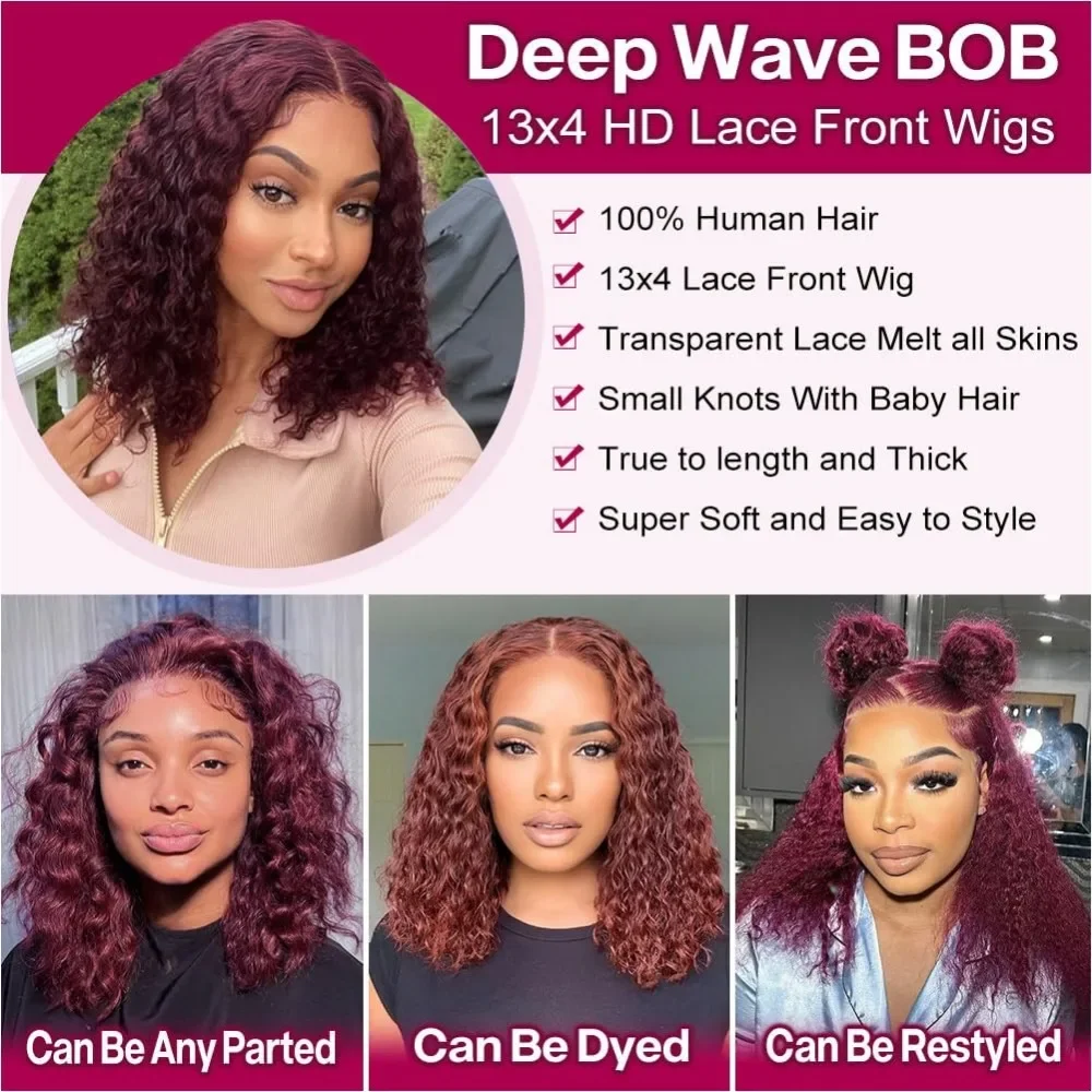 Perruque Bob Lace Front Wig sans colle bouclée rouge bordeaux 99J pour femmes noires, perruques de cheveux humains Deep Wave, 13x4 HD, perruque pré-plumée