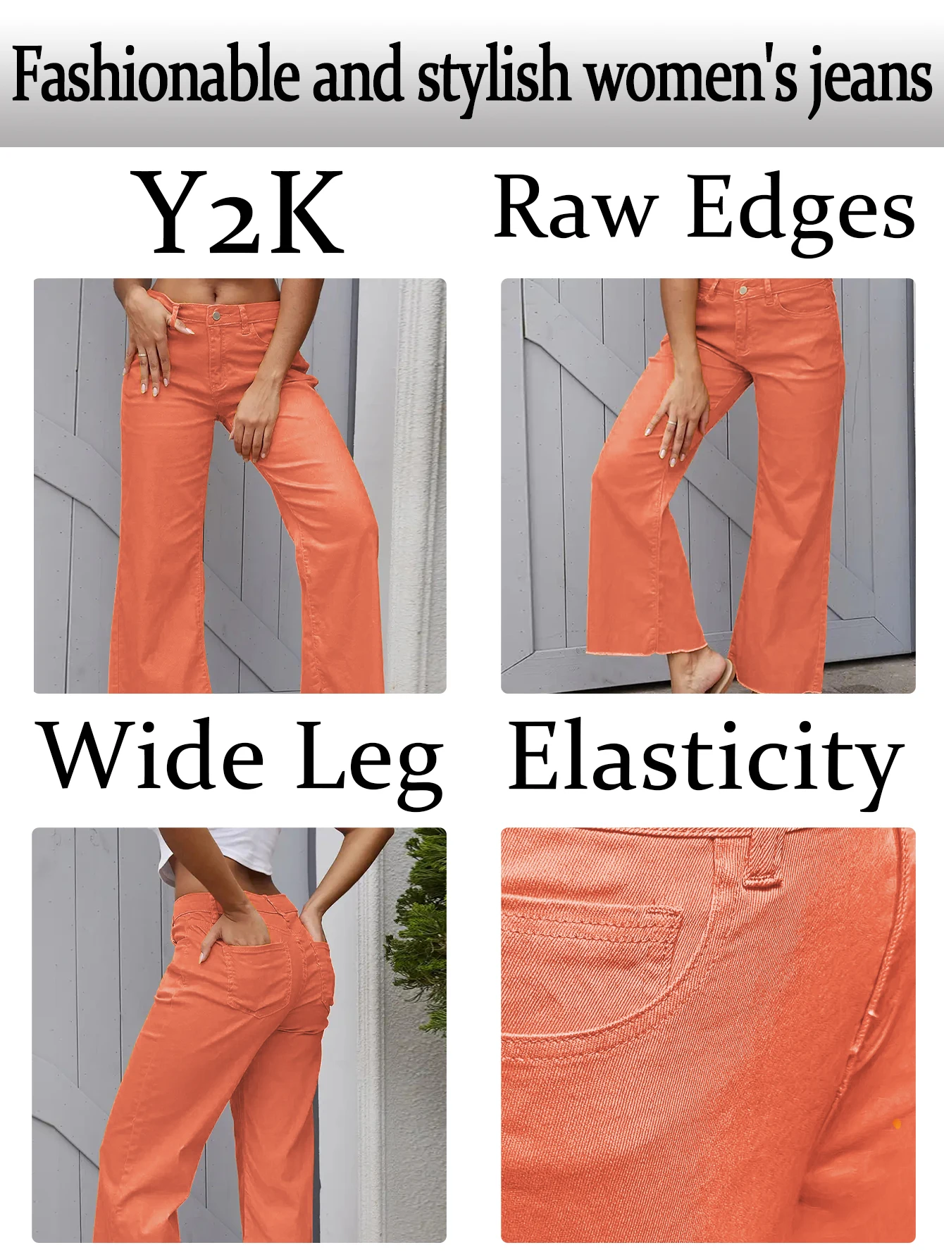 

Y2K style fashion women's jeans stretch denim straight wide leg jeans hem raw edge design street style women's jeans