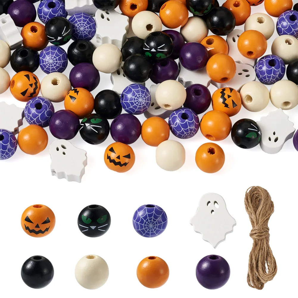 

120Pcs Halloween Pumpkin Ghost Spider Web Print Cat Cord Colorful Round Beads for Necklace Bracelet Earrings DIY Fashion Custom