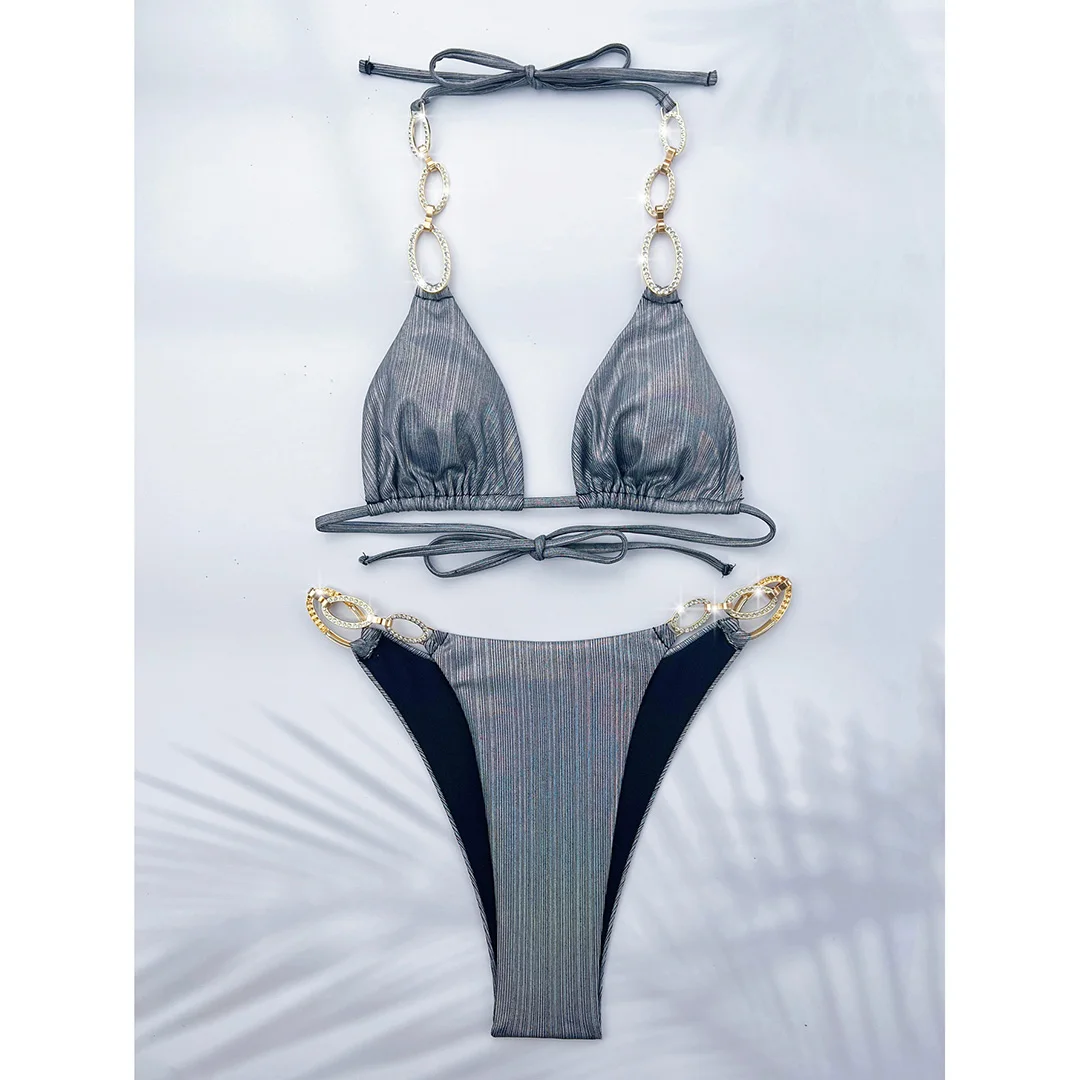 Neuer Bikini mit Diamant-Strasssteinen und Leopardenmuster, Damen-Badeanzug, zweiteiliges Bikini-Set, Badebekleidung, Badeanzug, Modell V5858R. – Detail 40