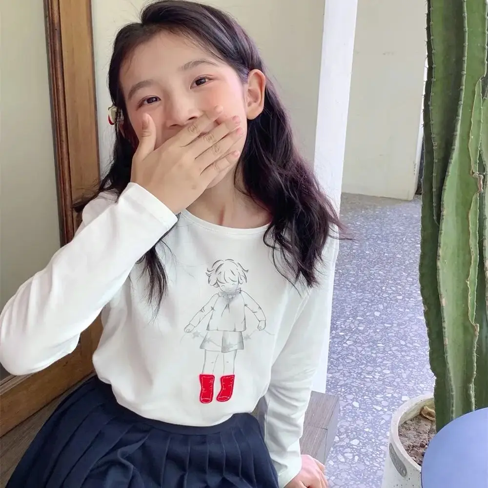 الخريف الاطفال قمم طفلة الملابس الكرتون فتاة صغيرة نمط بسيط الحلو طويلة الأكمام تي شيرت القطن جولة الرقبة أعلى