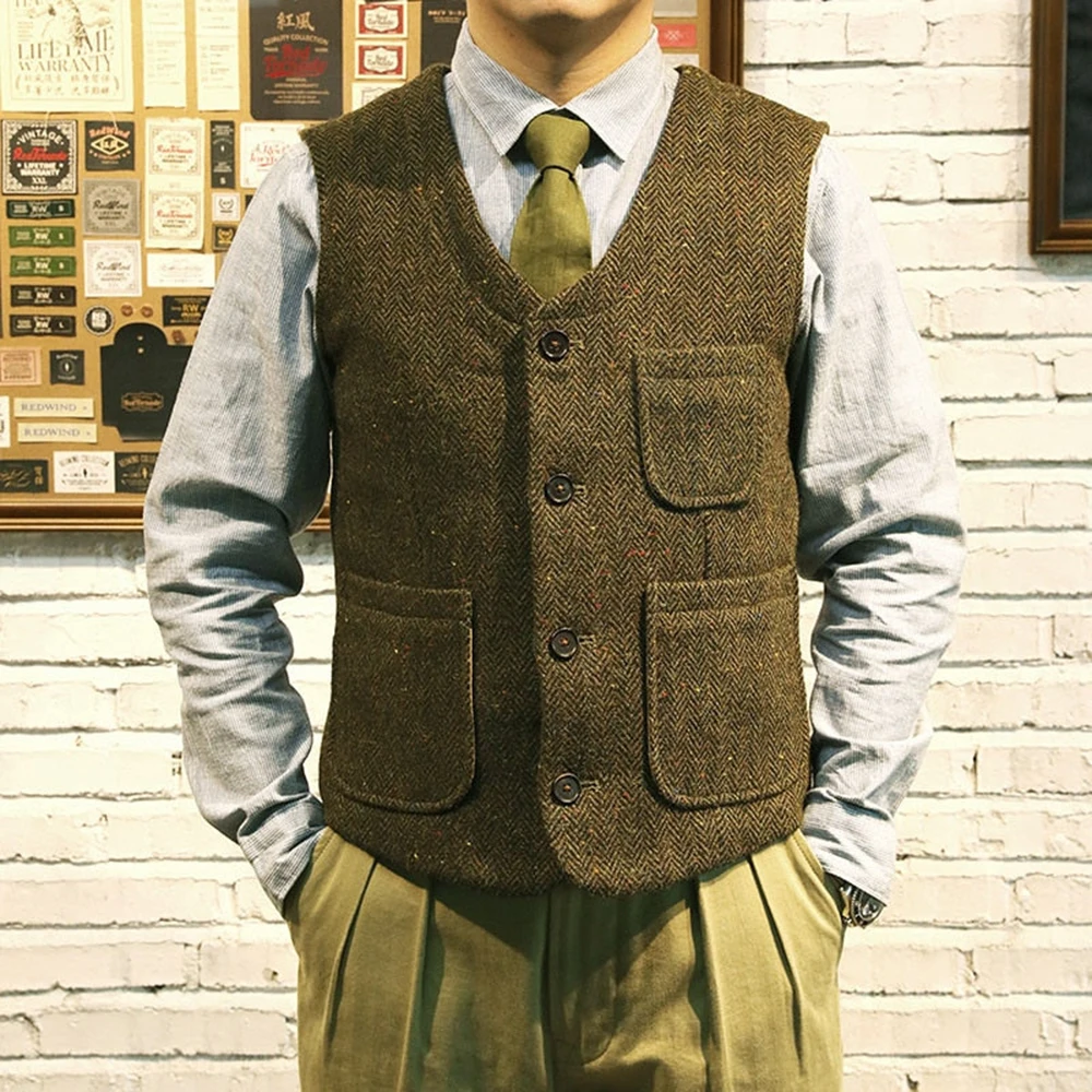 V Neck Single Breasted Herringbone Vest  With Real pocket Men's Waistcoat Groomsemen For Wedding