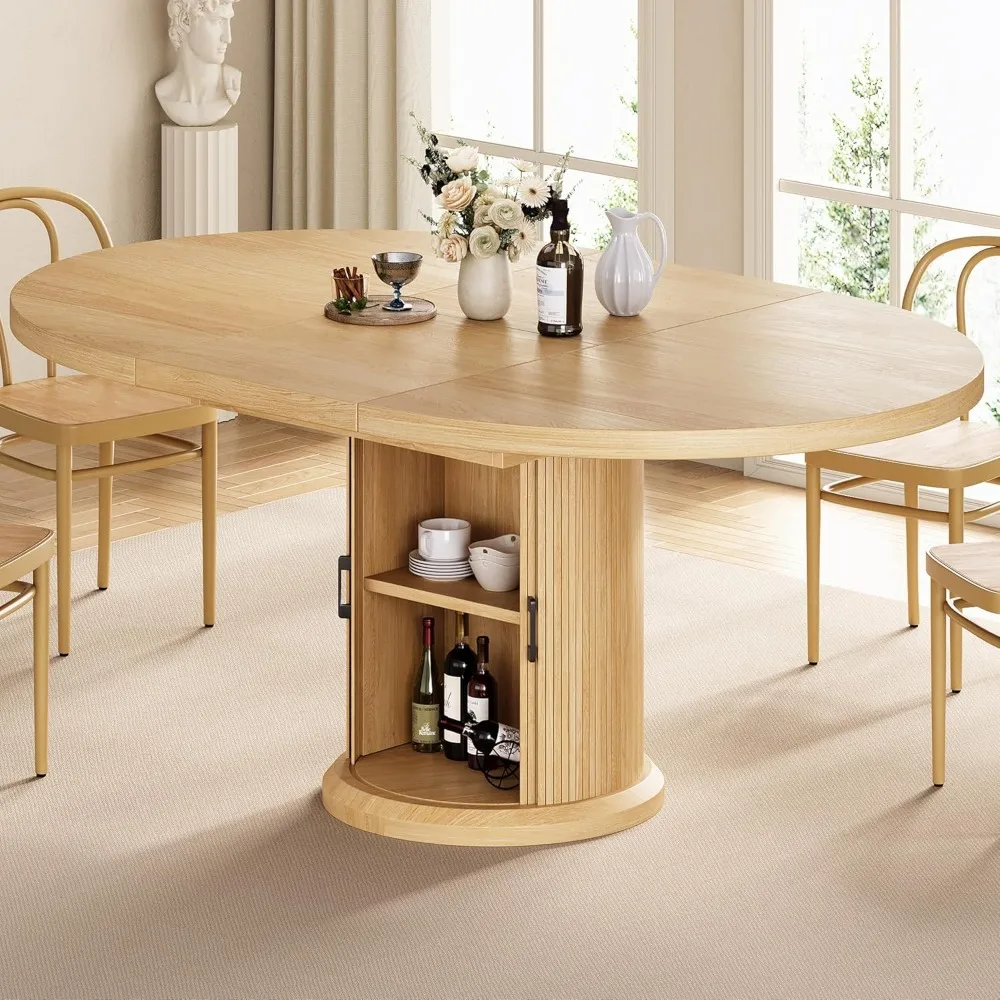 

Dining Table for 4-6,63“Extendable Round Kitchen Dining Room Table with 2-Tier Storage Shelf, Space Saving Expandable Wood Oval