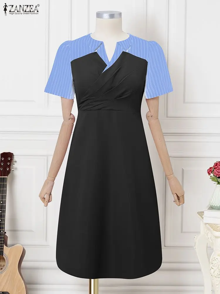 ZANZEA Stylish Women Patchwork Dresses 2025 Summer Dress Elegant Lapel Neck Short Sleeve Office Stripe Sundress OL Work Vestidos
