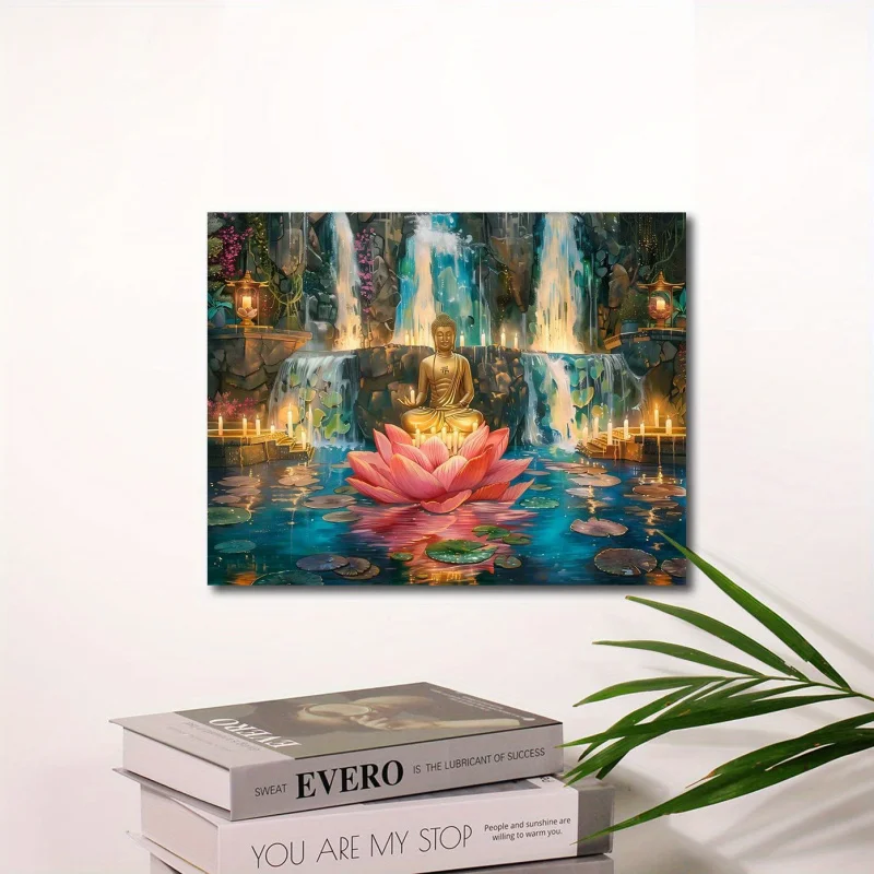 Zen-Inspired Canvas Art with Lotus Buddha - Wooden Framed Wall Decor featuring Candles & Flowers, Ideal for Living Room