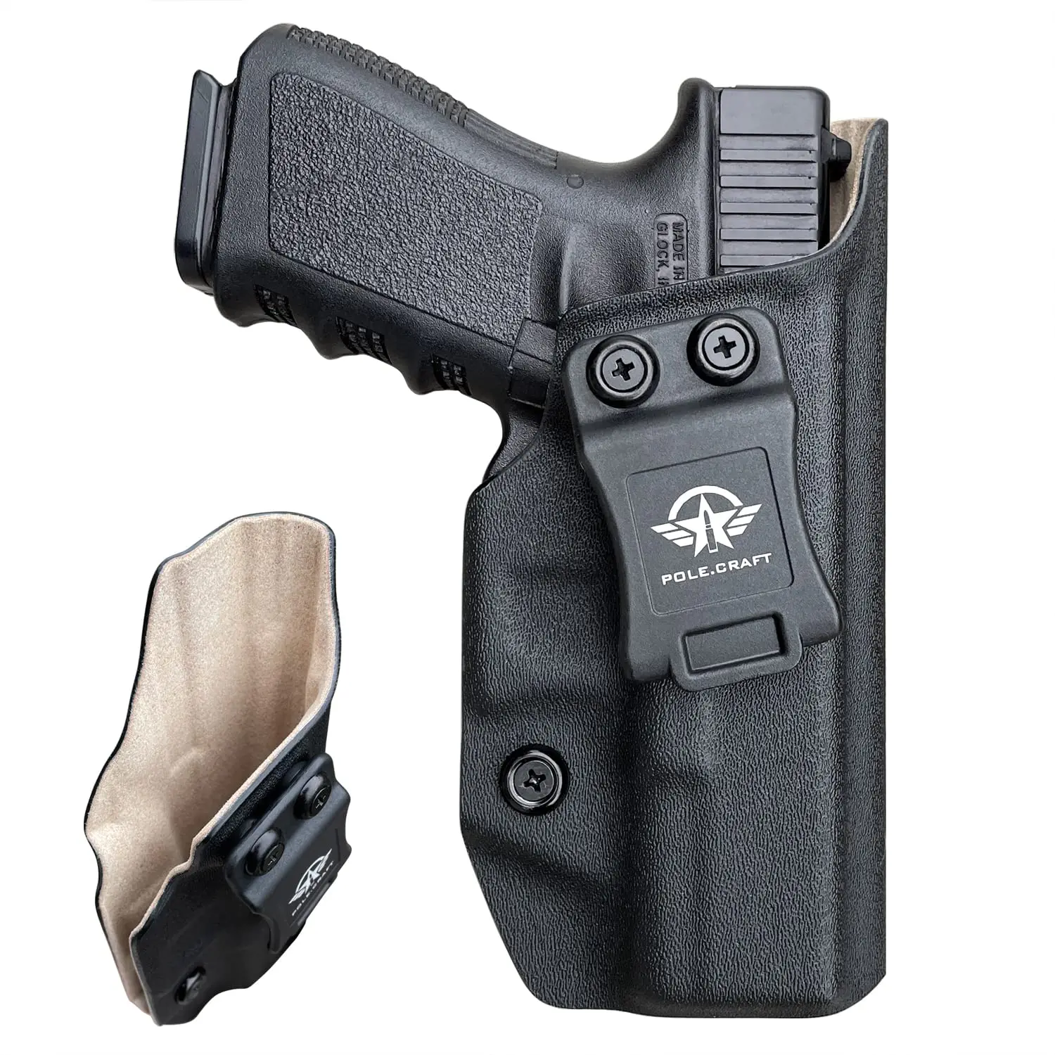 

POLE.CRAFT IWB Kydex Leather Holster Fits: Glock 19 19X 25 44 45 (Gen 3 4 5) / Glock 23 32 (Gen 3 4) Pistol - Right