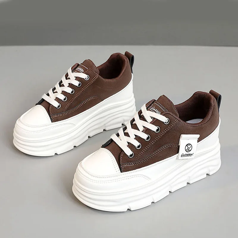 Sneakers basse casual da donna per primavera/autunno, scarpe da passeggio con suola spessa e vulcanizzata, allacciatura spessa e suola morbida._voghion.com