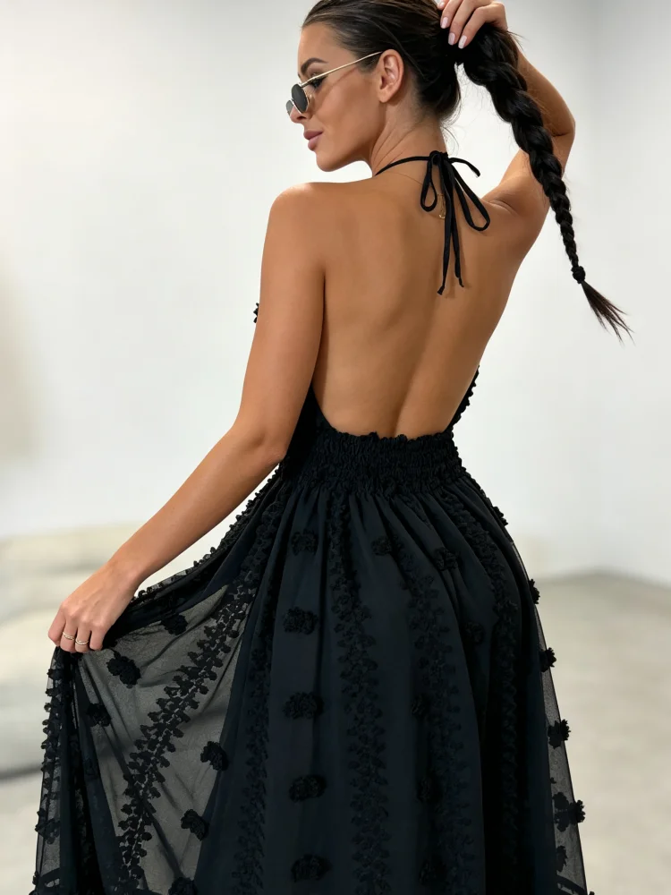 Schwarzes Rückenfreies Neckholder-Kleid für Damen mit Spitzen-Ausschnitt und Hohem Schlitz, Sexy Urlaubs- und Partykleid für den Abend – Detail 5