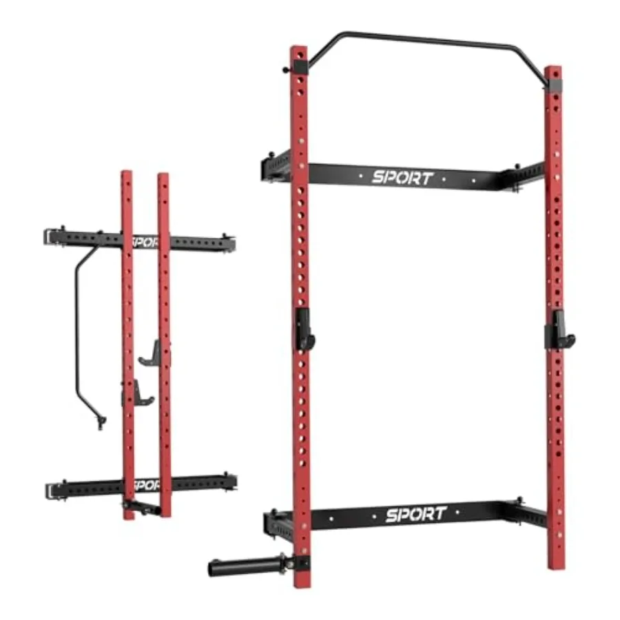 Rejilla para sentadillas plegable para gimnasio en casa, rejilla eléctrica plegable de 2,36 "x 2,36", con barra extraíble, ganchos en J y accesorios para minas terrestres, tapa de 1000 LBS