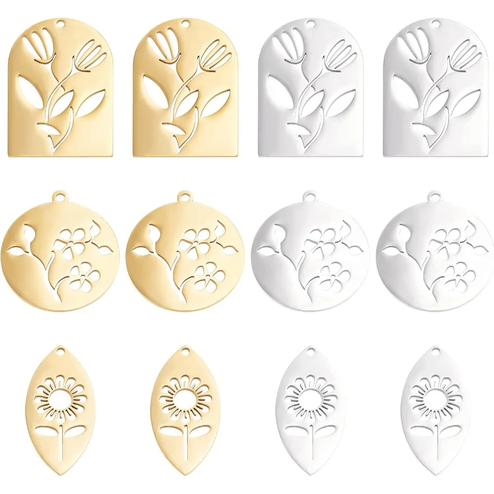 

12Pcs 3 Style Stainless Steel Flower Pendants Horse Eye/Rectangle/Flat Round Dangle Charms Hollow Pressed Pendant Jewelry