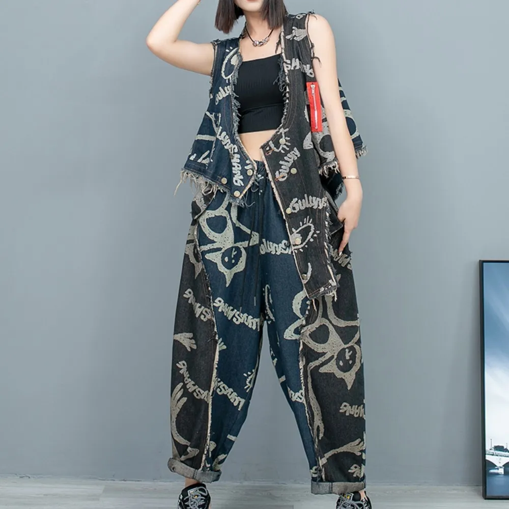 

Trendy Personality Design Printed Color Blocking Denim Irregular Vest + Pants Two-piece Set Women 2024 Summer Pant Set LX937