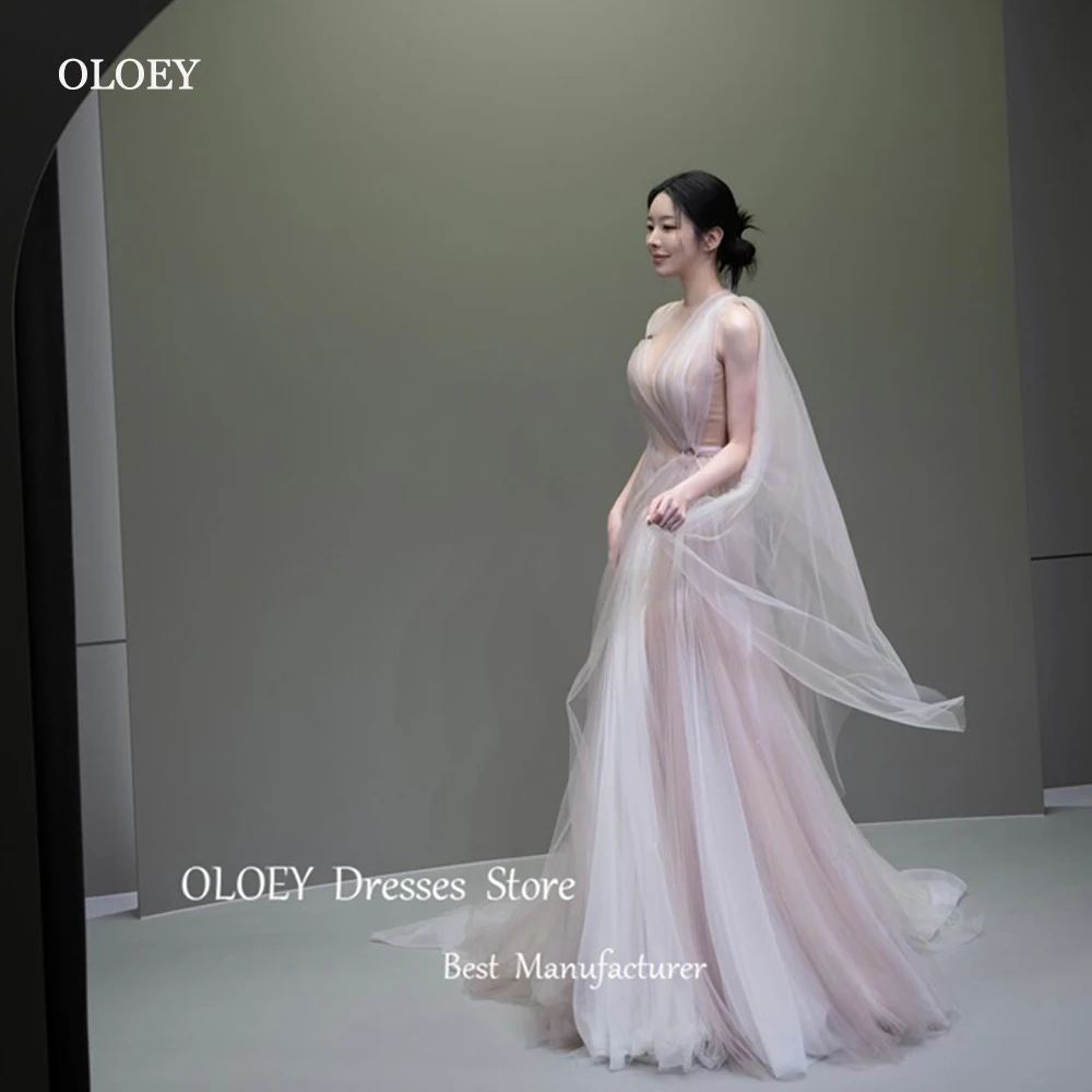 

OLOEY Fairy Pink Tulle A Line Korea Evening Dresses Wedding Photoshoot V Neck Floor Length Wedding Photoshoot Party Gowns