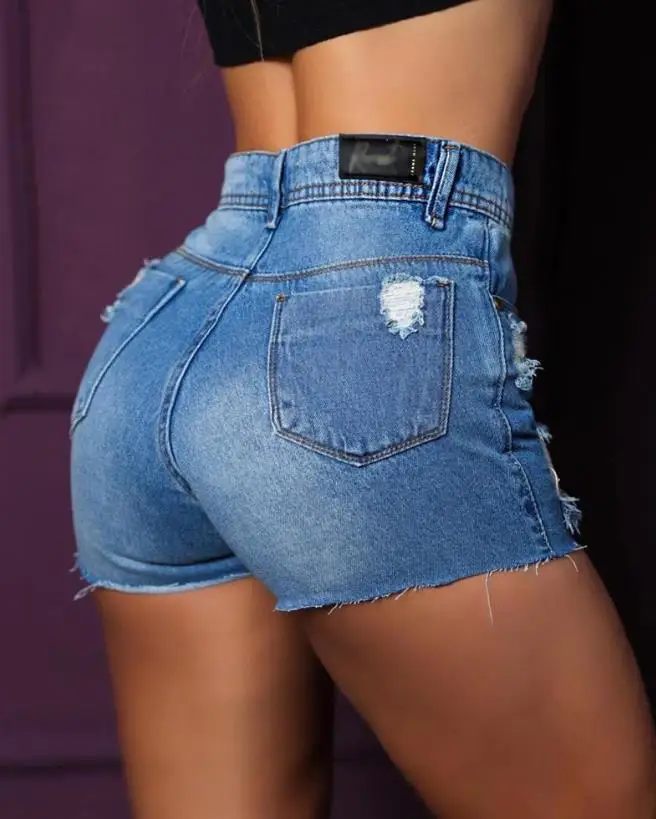 Blue distressed women's summer new high waisted slimming button fly high waisted split denim shorts